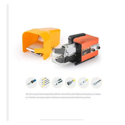 Heavy Duty Pro Grade Electric Dynamic Crimping Machine With Automatic Cold Press Terminal Tool For All Wire Gauges Up To Thirty Five Millimeter, showcasing tool and yellow fixture.