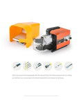 Heavy Duty Electric Crimping Machine For Wiring Fast Automatic Terminal Presser Tool With Zero Sweat Cold Forming Action, showing machine and yellow fixture.