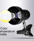 Clip On LED Desk Lamp With 5W Power, 360 Degree Rotatable Head showing light bulb and clip, 3 Color Temperature Modes, Black