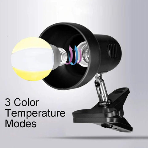 Clip On LED Desk Lamp With 5W Power, 360 Degree Rotatable Head showing light bulb and clip, 3 Color Temperature Modes, Black