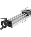 Manual Sliding Table Linear Rail Guide With 9.84Inch Dual Optical Axis Easy Manual Positioning Rail For CNC Machines 66 Lb Load Capacity Aluminum Ballscrew Design Built Tough And Durable shown with dimensions.