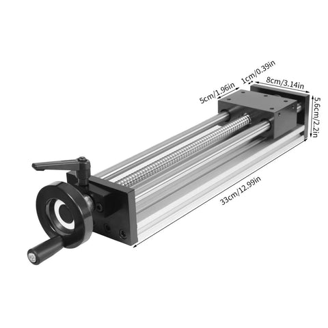 Manual Sliding Table Linear Rail Guide With 9.84Inch Dual Optical Axis Easy Manual Positioning Rail For CNC Machines 66 Lb Load Capacity Aluminum Ballscrew Design Built Tough And Durable shown with dimensions.