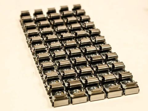 Essential M5 Cage Nuts And Rack Screws For Server Cabinets And Equipment Racks showing a close-up view of multiple nuts in a row.