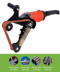 Diy Mini Belt Sander And Stainless Steel Pipe Polisher Featuring Flexible 20 And 40 Mm Strips For Zero Stress Grinding and Hella Smooth Finishes On Tight Curves Today, showing the tool with belt attached.