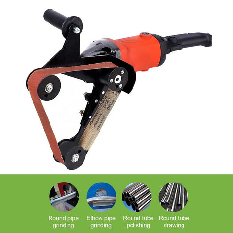 Diy Mini Belt Sander And Stainless Steel Pipe Polisher Featuring Flexible 20 And 40 Mm Strips For Zero Stress Grinding and Hella Smooth Finishes On Tight Curves Today, showing the tool with belt attached.