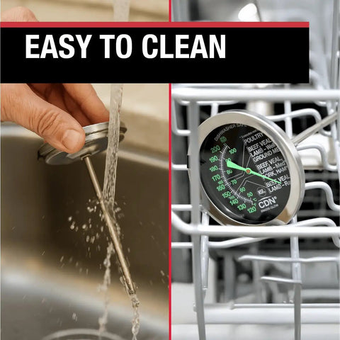 Glow Dial Ovenproof Meat Thermometer For Oven Roasting And BBQ, 2 Inch Easy Read Dial, Waterproof And Recalibratable, Perfect For Poultry Beef Pork And Grilling, ProAccurate Style Kitchen Thermometer easy to clean, shown rinsed and in dishwasher