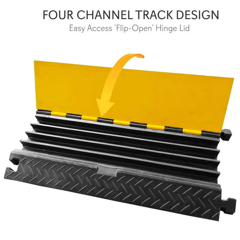 Heavy Duty Cable Protector Ramp Cover With Flip Open Top For Indoor Outdoor Use 4 Channel Cord Protection Waterproof Holds Up To 33000lbs Per Ramp 31.5 By 16.1 By 3.14 Inches 2 Pack Black And Yellow open view