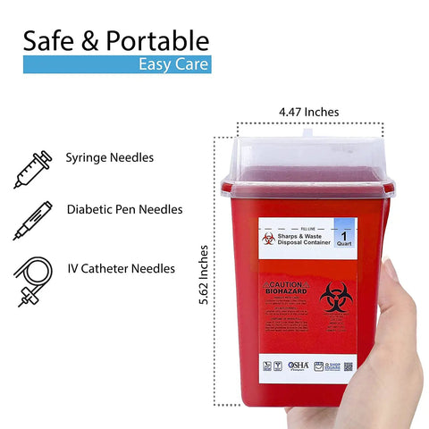Home Safe Sharps Container 1 Quart For Easy Needle Disposal Small Biohazard Disposal Bin For Syringes Lancets Auto Injectors Blades Keeps Kids And Pets Safe red plastic 1-quart container held in hand