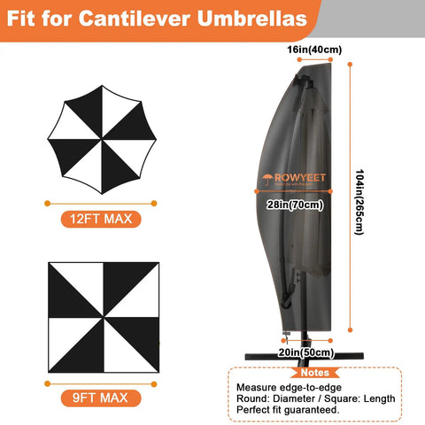9Ft Cantilever Umbrella Cover With 420D Oxford Fabric Heavy Duty Waterproof UV Resistant, fits 9ft and 12ft umbrellas, dimensions shown.