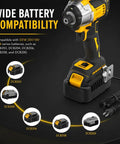 Heavy Duty AC To DC Power Converter For DeWalt 18V And 20V Cordless Tools showing battery compatibility with various DCB batteries.