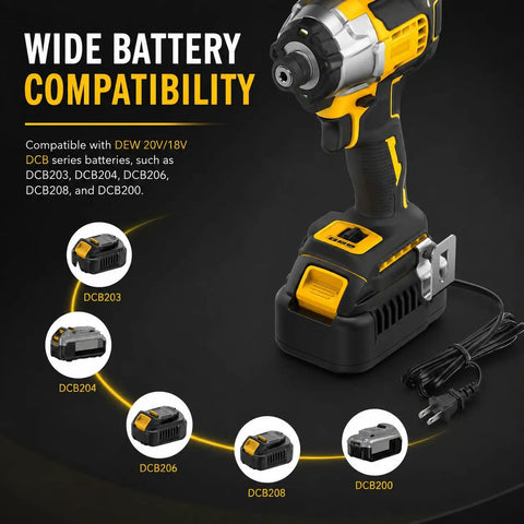 Heavy Duty AC To DC Power Converter For DeWalt 18V And 20V Cordless Tools showing battery compatibility with various DCB batteries.