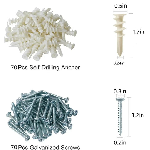 140-Piece Wall Anchor Screw Kit With Self-Tapping Plastic Drywall Anchors and heavy-duty expansion screws shown with dimensions