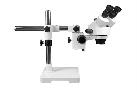 Trinocular Zoom Stereo Microscope With 5.0MP Digital Eyepiece Camera, 10x Wide Field Eyepiece, 3.5x To 90x Magnification, 0.5x And 2x Auxiliary Lenses, Single Arm Boom Stand, 144 LED Ring Light For Pro Grade Detail And Close Up Work on boom stand