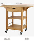 Premium Bamboo Extendable Rolling Kitchen Cart With Collapsible Drop Leaves And Deep Storage Drawer, bamboo cart with expandable top.