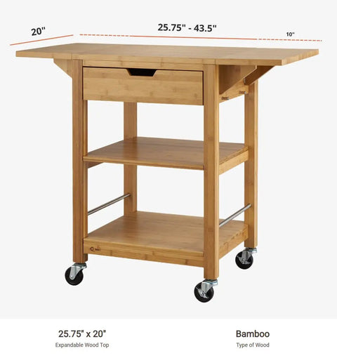 Premium Bamboo Extendable Rolling Kitchen Cart With Collapsible Drop Leaves And Deep Storage Drawer, bamboo cart with expandable top.