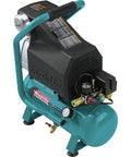 Rock Solid Cast Iron 2HP Big Bore Air Compressor With A Hella Quiet 1720RPM Pump and Smart Low Amp Design, blue metal body with pressure gauge.