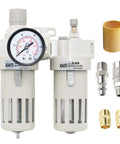 Half Inch NPT Air Compressor Filter Regulator Lubricator Combo With Gauge 0 To 150 PSI, shown with extra fittings