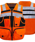 High Visibility Reflective Safety Vest With Heavy Duty Construction And Plenty Of Pocket Space For Tools On Any Job Site Hella Bright Orange Unisex Work Vest In Three X Large Size, featuring zip and pockets.