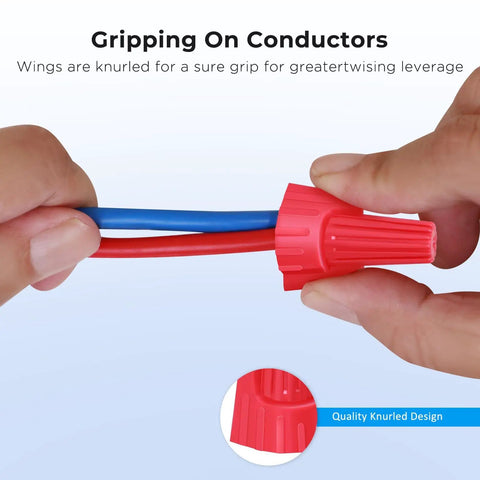 Hands twisting Red Winged Wire Connectors Nuts Pack Of 1000 For Quick Twist On Electrical Wire Ends Caps DIY Friendly 18-8 AWG