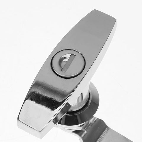 Close-up of Two Pack Zinc Alloy RV Cabinet Locks with Keys, T Handle Cam Locks, sleek silver design for storage doors and cabinets
