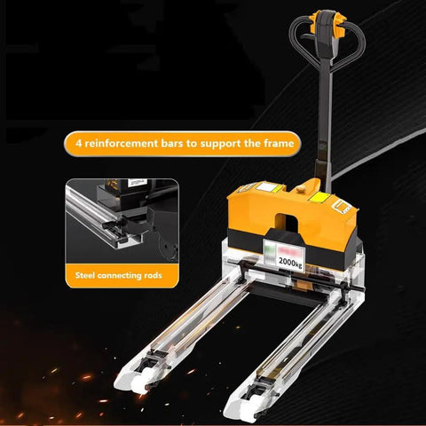Heavy Duty Electric Pallet Jack Truck With Thick Steel Frame And Silent Poly Wheels Handles 4400 Lbs Load For Super Fast Warehouse Moves And Smooth Cement Floors showing frame reinforcement and connecting rods.