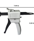 Top Rack 2 Pack Manual Dispensing Gun, 50ml Cartridge Base, Exact 10 To 1 Mix Ratio, Comfortable Squeeze Action, Zero Drip Epoxy And Silicone Applicator Kit side view showing black and gray design and dimensions.