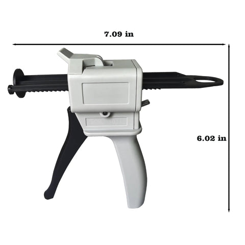 Top Rack 2 Pack Manual Dispensing Gun, 50ml Cartridge Base, Exact 10 To 1 Mix Ratio, Comfortable Squeeze Action, Zero Drip Epoxy And Silicone Applicator Kit side view showing black and gray design and dimensions.
