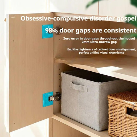 Open cabinet showing precise gap with Magnetic Hinge Alignment Kit For Easy Drill Free Door And Cabinet Installations With A Precision Groove