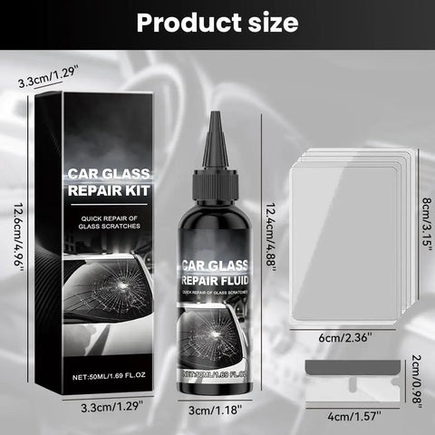 DIY Windshield Crack Repair Kit With Glass Repair Fluid For Chips And Cracks Quick Fix Car Window Repair Kit Clear Glass Restoration No Tools Required Long Lasting Strength, showing product size and components.