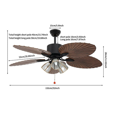 52" Tropical Ceiling Fan with Light displaying palm leaf design and measuring 132cm for indoor and outdoor use.