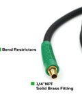 Close-up of Badass Heavy Duty Black Rubber Air Compressor Hose 3/8 Inch By 50 Feet 300 Psi with bend restrictors and brass fittings.