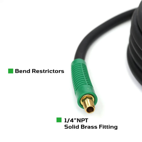 Close-up of Badass Heavy Duty Black Rubber Air Compressor Hose 3/8 Inch By 50 Feet 300 Psi with bend restrictors and brass fittings.