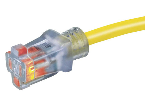 Workhorse Heavy Duty Extension Cord Featuring Nickel Plated Brass Prongs And Complete Oil Proof Waterproof Protection Fifty Foot Ultra Flexible Yellow Line built for toughest job sites close-up of the connector.