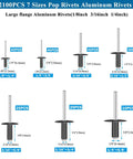 Diagram of 210 Piece Black Pop Rivet Kit With Large Flange Aluminum Rivets In Seven Sizes One Eighth Inch Three Sixteenths Inch One Quarter Inch For DIY Projects Pro Grade Auto Repairs And More Case Included