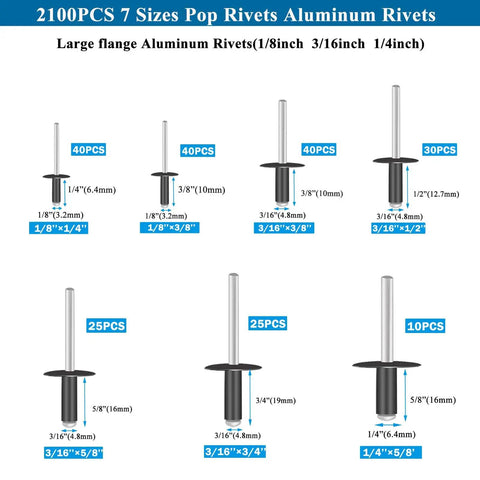 Diagram of 210 Piece Black Pop Rivet Kit With Large Flange Aluminum Rivets In Seven Sizes One Eighth Inch Three Sixteenths Inch One Quarter Inch For DIY Projects Pro Grade Auto Repairs And More Case Included