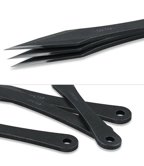 Close-up of Six Pack 9.4 Inch No Spin Throwing Spikes Set in Durable 420HC Stainless Steel for outdoor spike training.