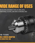 TC820 Drill Chuck Adapter and Connecting Rod Conversion Kit wide range of uses, includes key, shown in black and silver