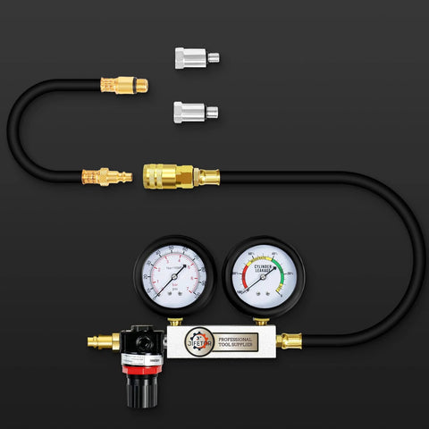 JIFETOR cylinder leak-down tester kit with dual gauges, hoses and brass adapters (10/12/14 mm)