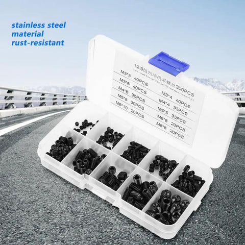 Beefy Socket Head Hex Grub Screw Set Assortment Kit 12.9 Grade Stainless DIN 916 Metric Sizes M3 to M8 Heavy Duty Fasteners for Machinery Repair and Metalworking Great for Fixtures Handles and DIY Projects in organizer case