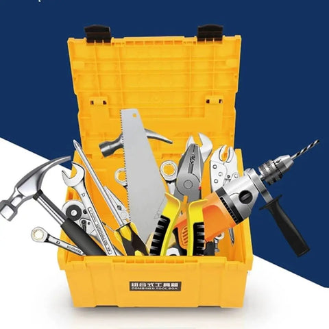Durable Plastic Tool Box With Comfortable Handle Stackable Organizer Multifunctional Storage Case open with tools