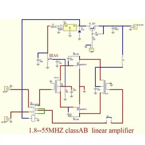 Schematic diagram of DIY SSB Linear Power Amplifier Kit 3.5-30 MHz, 13.8V, 5W In, 70W Out, circuit board layout