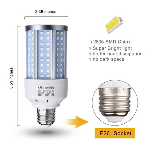 Killer Bright Daylight LED Corn Bulb 200W Equivalent, E26 Base, 360 Degree Coverage, close-up of bulb and socket design