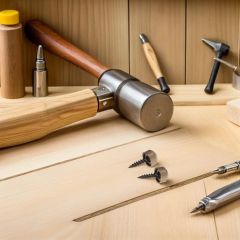 24 Pcs Top Shelf Mirror Screws With Self Tapping Tips And Snug Decorative Caps For Knockout Wall Mounting on a wooden workbench with tools.