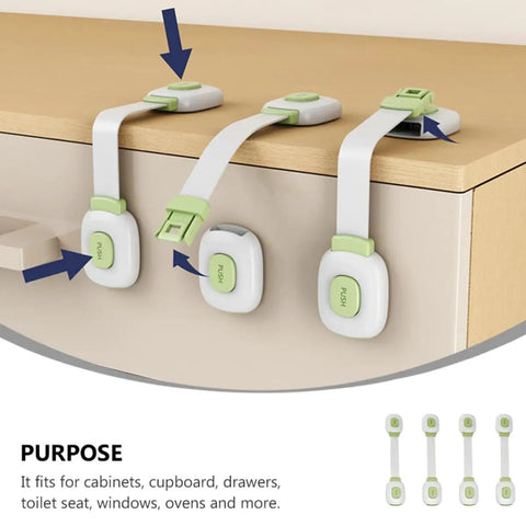 Childproof Cabinet Locks 4 Pack with Adhesive Backing Safe Green ABS and PE Straps for cabinets and drawers installation viewed
