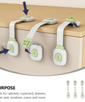 Kid Proof Cabinet Locks Set 4 Pack Adhesive Safety Straps shown on wooden drawer for child safety.
