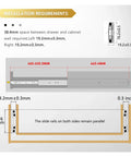 Installation requirements for Heavy Duty Three Section Full Extension Drawer Slides 38 Inch Pair showing measurements and spacing.