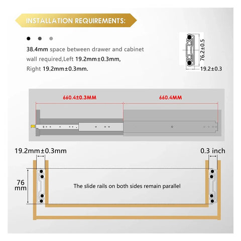 Installation requirements for Heavy Duty Three Section Full Extension Drawer Slides 38 Inch Pair showing measurements and spacing.