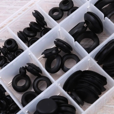 Premium Rubber Seal Ring Grommet Kit With 125 Black Grommets In Handy Plastic Storage Box For Faucets, Hoses, Electric Appliances And Fittings Elastic Heat Resistant Pollution Free Easy Replacement, black rubber grommets in box