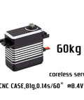 High Voltage Micro Servo Delivering Savage Sixty Kilogram Centimeter Torque With Durable Steel Gears And Weatherproof Build, side view with specs.