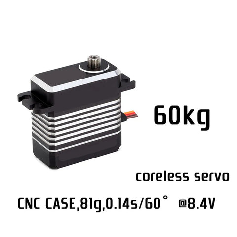High Voltage Micro Servo Delivering Savage Sixty Kilogram Centimeter Torque With Durable Steel Gears And Weatherproof Build, side view with specs.